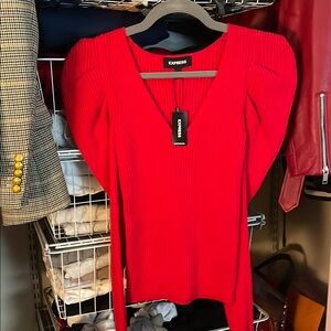 Express Red Long Sleeve Fitted Blouse